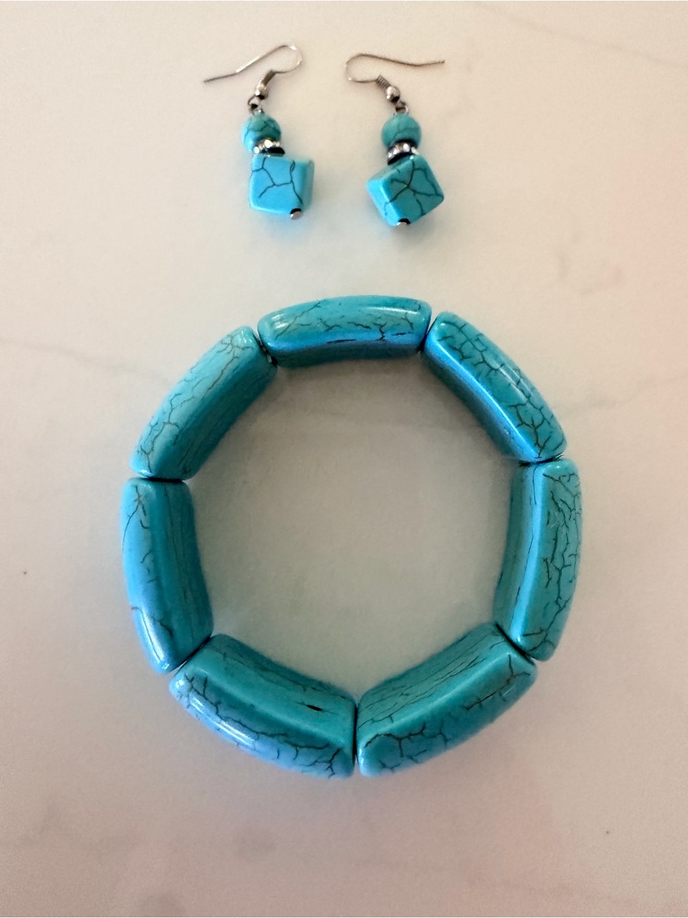 Turquoise color Beaded Stretch Bracelet with Matching Earrings - Blue Turquoise